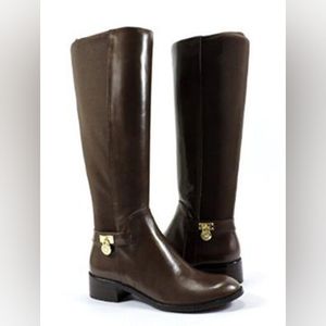 MICHAEL KORS Hamilton Tall Womens Brown Leather Riding Boots Gold Tone Charm 5.5